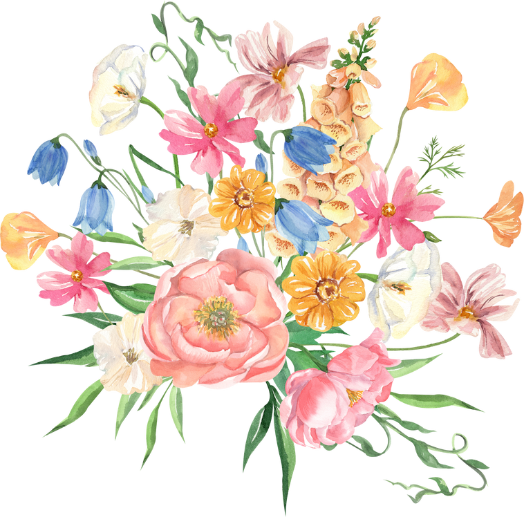 Cottage garden flowers bouquet watercolor illustration
